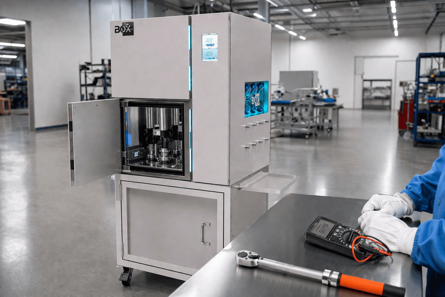 TheBOX VHP sterilization system on manufacturing floor with technician and precision tools