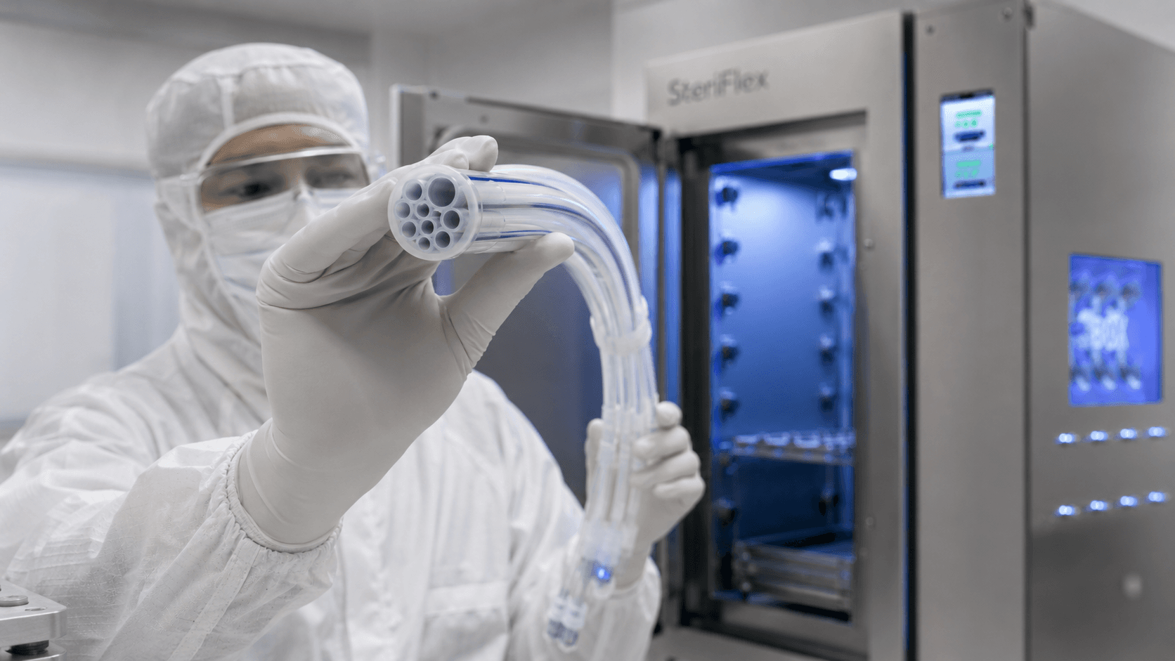 Cleanroom engineer examining a multi-lumen catheter assembly in front of a SteriFlex VHP sterilization chamber — illustrating PuroGen's driven substrate penetration into complex device geometries