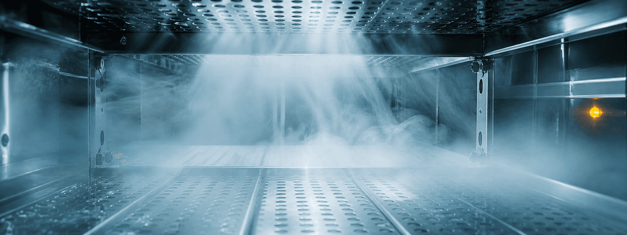 VHP vapor diffusing through sterilization chamber with volumetric light